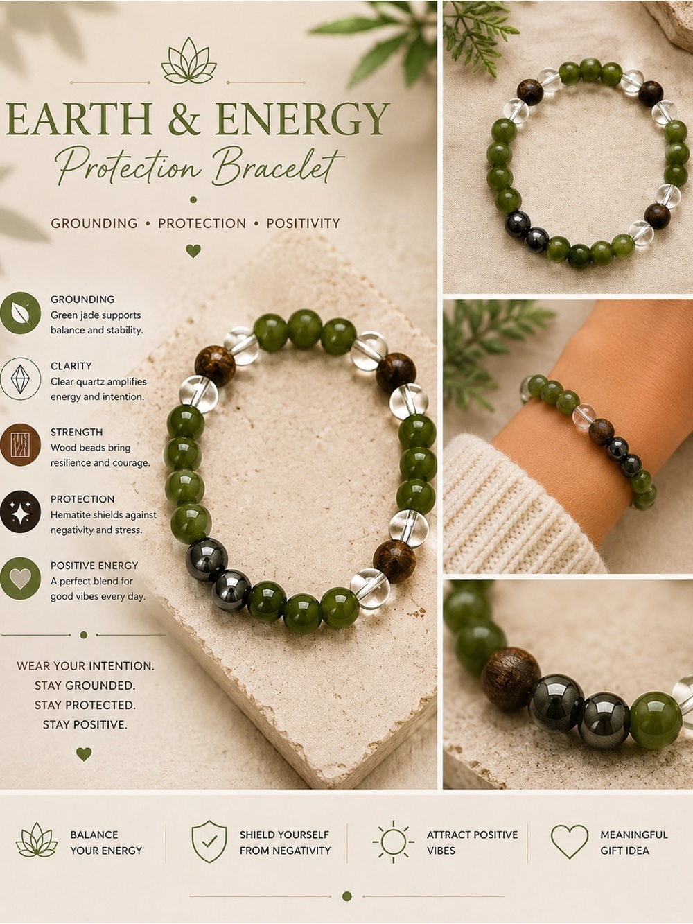 Protection Bracelet - Green Jade, Clear Quartz & Hematite